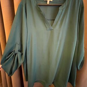 Chaus Olive Green V-Neck Tunic with Roll-Tab Sleeves